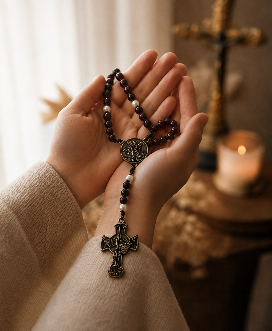 Terço de São Miguel Arcanjo em mãos durante a oração